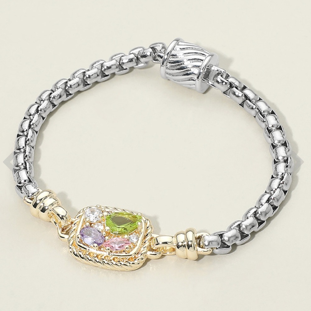 Two-Tone CZ Stone Cluster Accent Magnetic Closure Bracelet